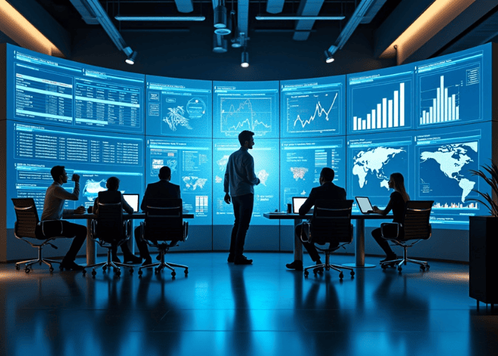 Sala de controle com dashboards